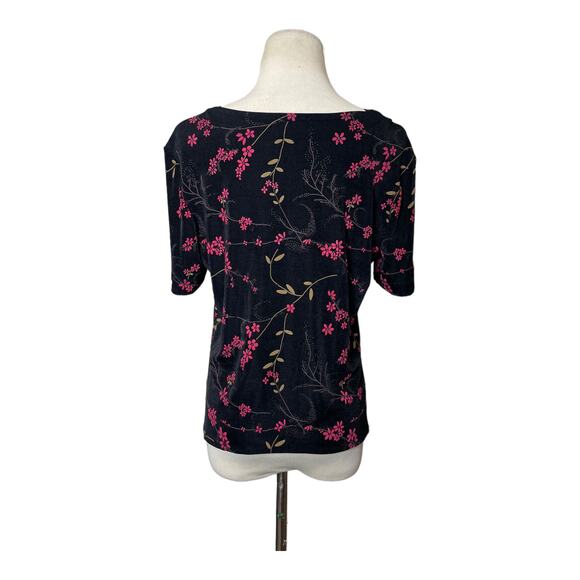 Teddi black floral crew neck short sleeves top size large - Picture 2 of 5